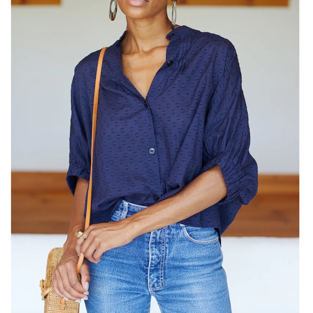 Emerson Fry- India Collection Mandarin Collar top in Swiss Dot, Maritime